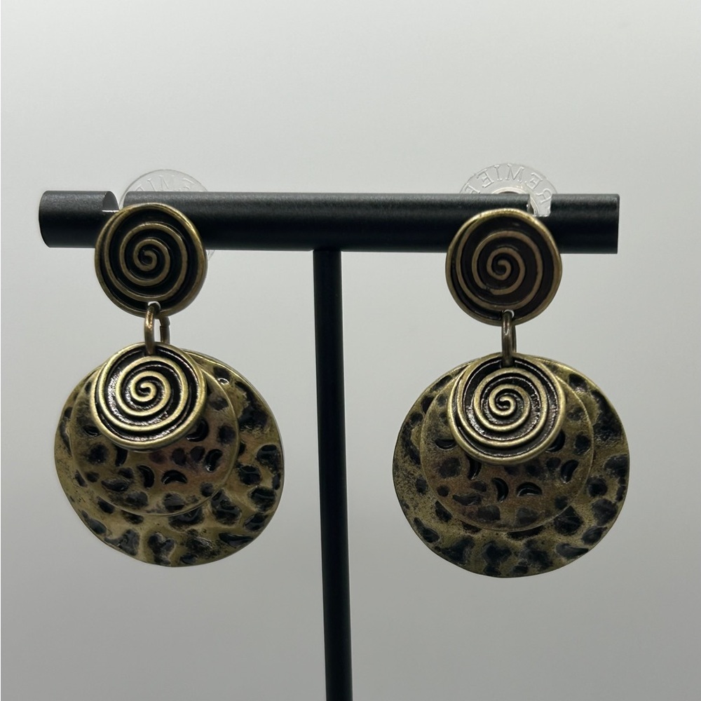 Contemporary Brass Hammered Triple Tier Dangle Earrings*
